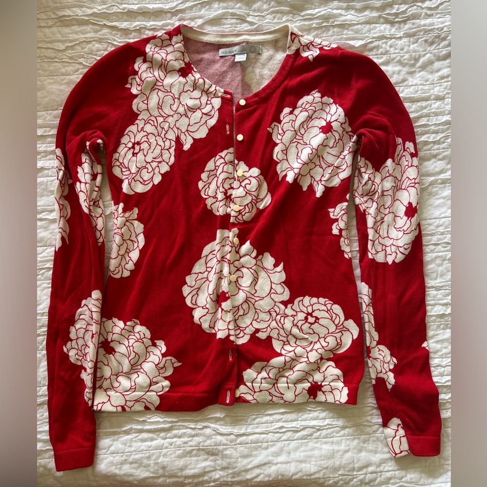 Old Navy Floral Red and White Cardigan
